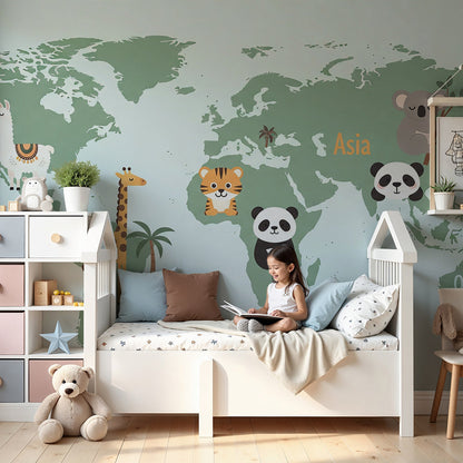 Kids-Mundo labelled world map wall mural with cute animals styled behind a cot in a soft nursery