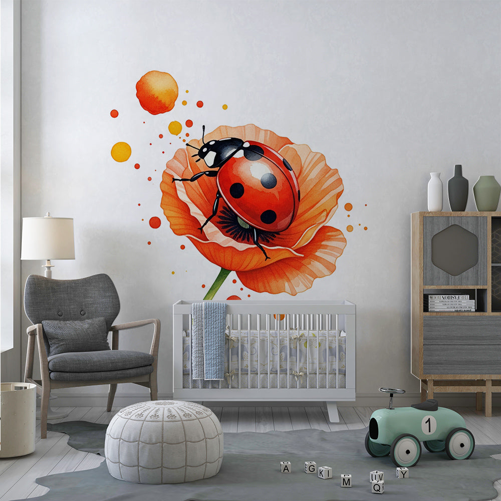 Kids-Mundo ladybird wall mural brightening a playroom reading corner for children