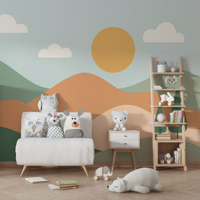 Nature landscape wallpaper with sun and trees in cozy kids room setting by Kids-Mundo