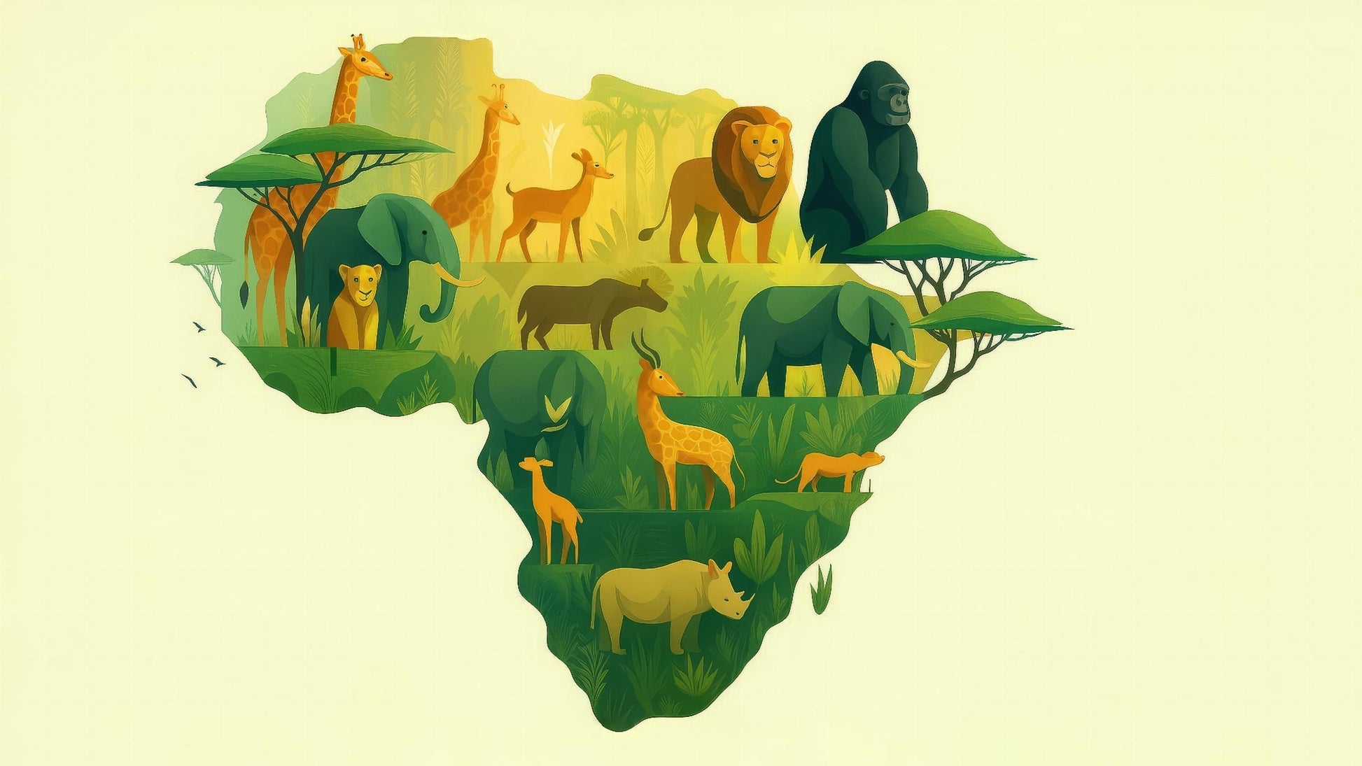 Kids-Mundo flat artwork of layered African wildlife shaped into the map of Africa