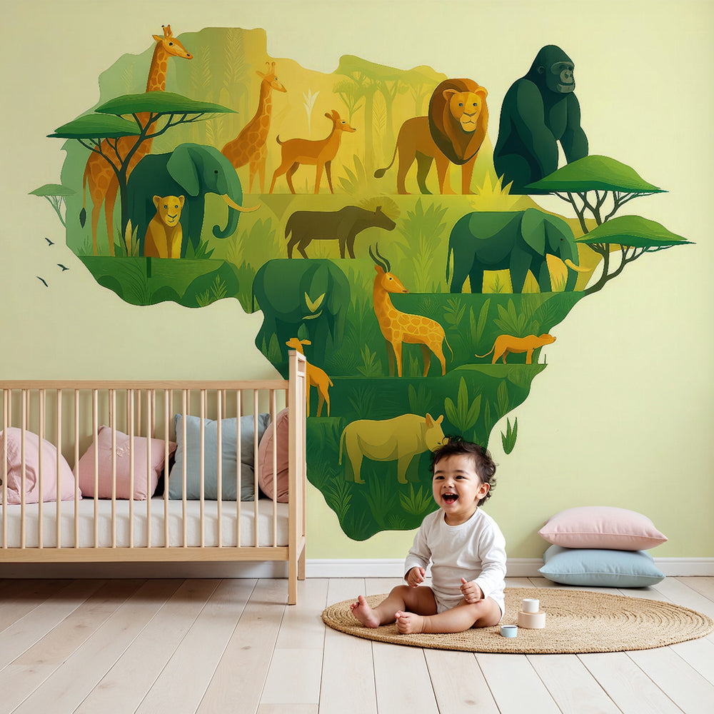 Kids-Mundo layered African wildlife map wall mural styled in a soft nursery room