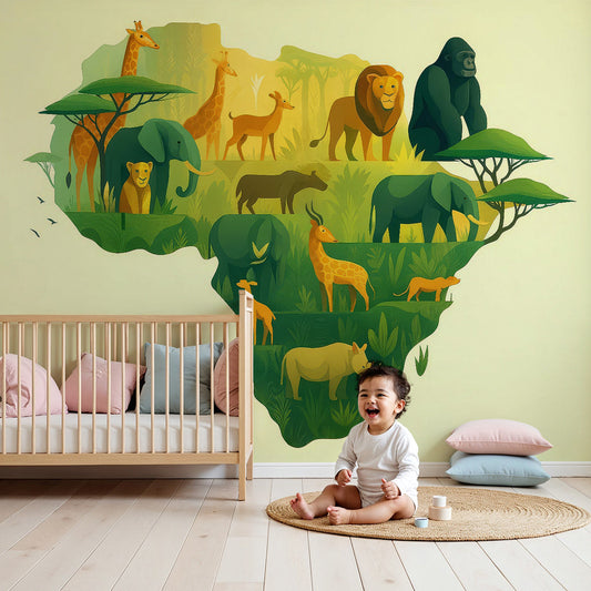 Kids-Mundo layered African wildlife map wall mural styled in a soft nursery room