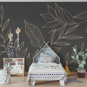Dark background leaf wallpaper creating sophisticated atmosphere in children's bedroom
