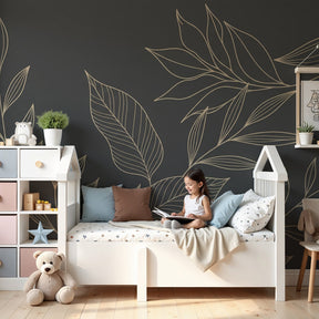 Botanical leaf pattern mural wallpaper with golden lines in modern nursery by Kids-Mundo