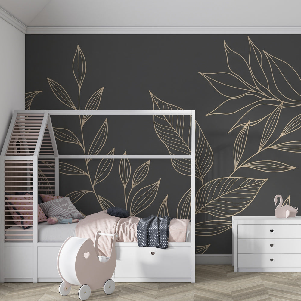 Golden botanical mural wallpaper for kids room with elegant leaf motifs by Kids-Mundo