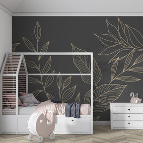 Golden botanical mural wallpaper for kids room with elegant leaf motifs by Kids-Mundo