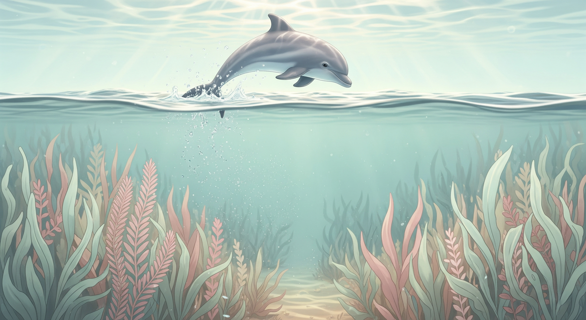 Leaping Dolphin and Sunlit Seagrass Wall Mural