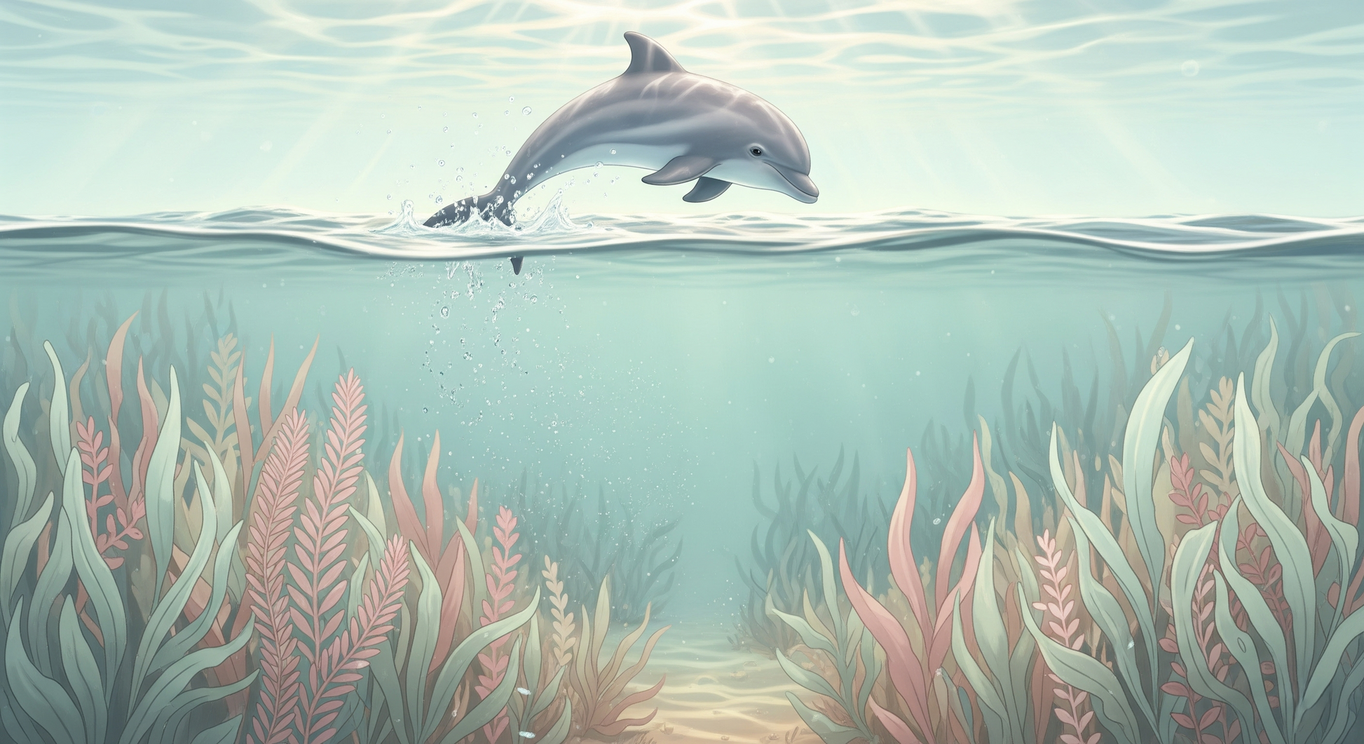 Flat artwork preview of the Kids-Mundo leaping dolphin and seagrass wall mural design in pastel tones.