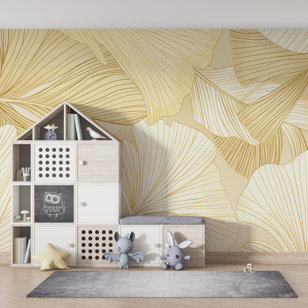 Botanical leaves wallpaper in child's bedroom with warm gold and cream tones