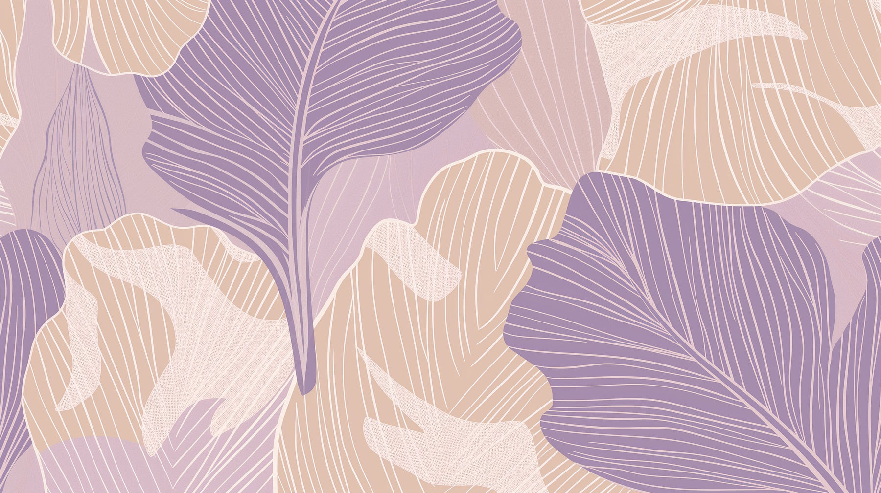 Detailed botanical leaves mural wallpaper design pattern in violet and beige by Kids-Mundo