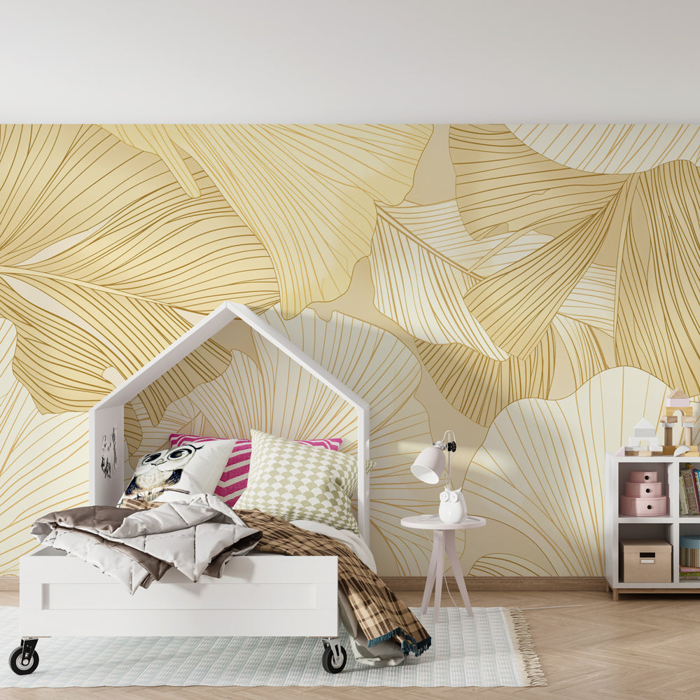 Nature-inspired leaves mural wallpaper for sophisticated kids room decor