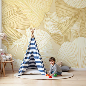 Delicate gold leaves mural wallpaper creating elegant nursery atmosphere by Kids-Mundo