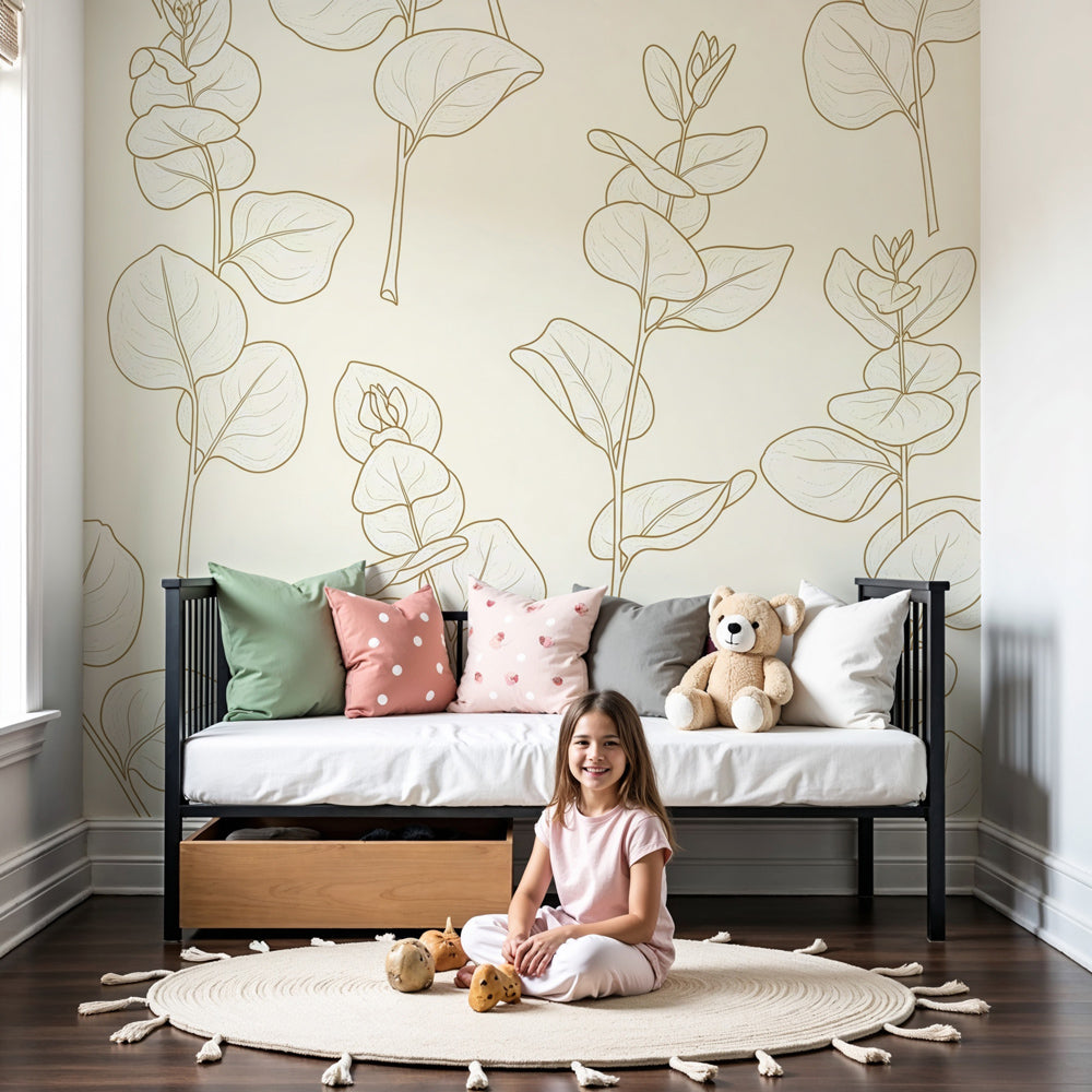 Delicate leaves mural wallpaper in modern nursery with natural wood furniture by Kids-Mundo