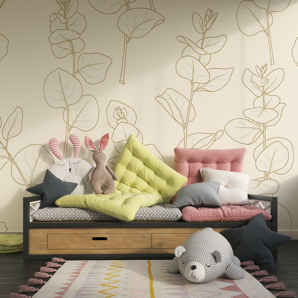 Nature-inspired leaves mural wallpaper with soft beige tones for peaceful kids room