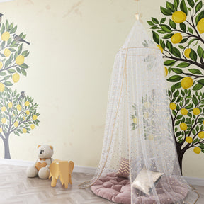 Botanical lemon tree wallpaper creating serene garden atmosphere in children's bedroom