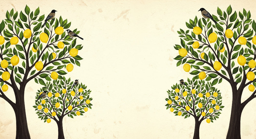 Detailed lemon tree mural wallpaper design pattern with golden citrus and birds by Kids-Mundo
