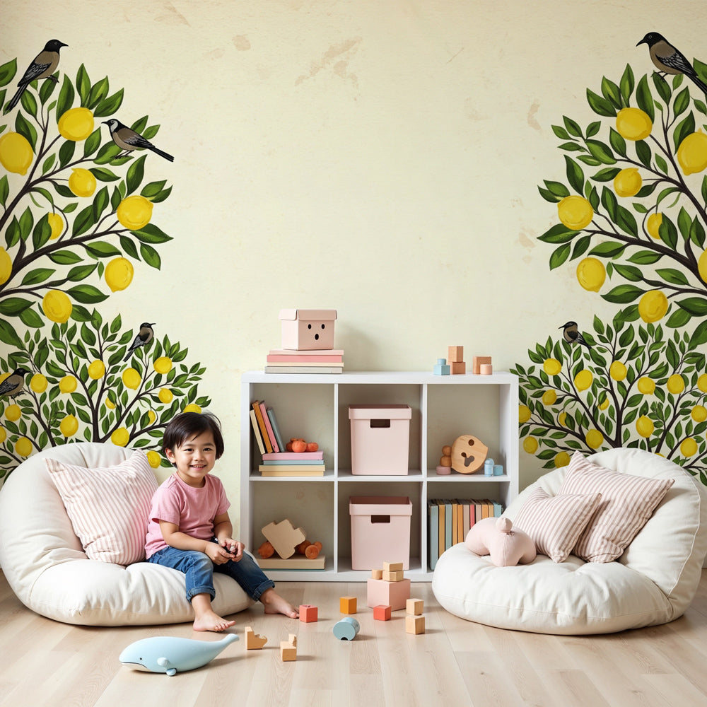 Lemon tree mural wallpaper with singing birds in elegant nursery setting by Kids-Mundo