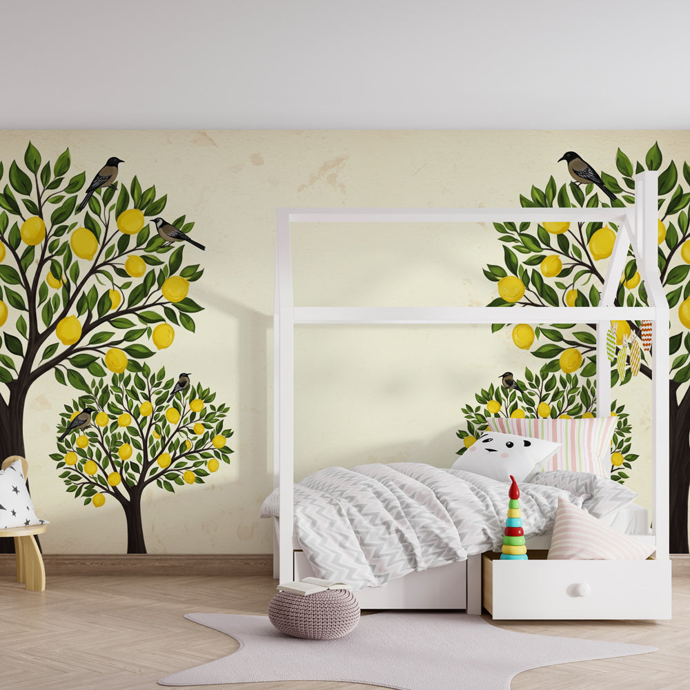 Nature-inspired lemon tree mural wallpaper brightening kids playroom with golden citrus theme