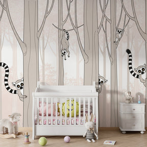 Playful lemur wallpaper transforming children's bedroom into subtropical forest adventure space