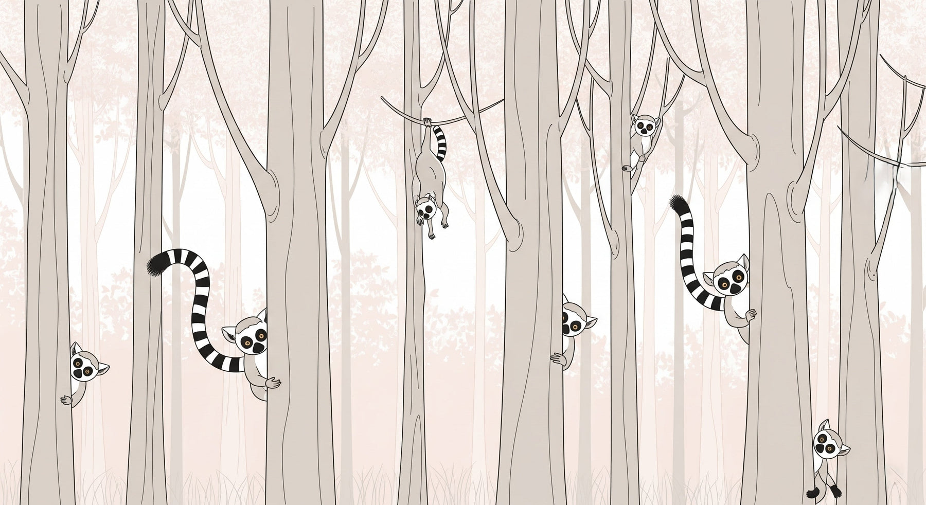 Detailed lemur forest mural wallpaper design pattern showing playful primates among trees by Kids-Mundo
