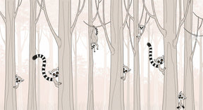Detailed lemur forest mural wallpaper design pattern showing playful primates among trees by Kids-Mundo