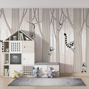 Forest animal mural wallpaper with lemurs creating educational and calming kids playroom decor
