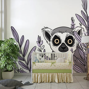Purple lemur wallpaper creating peaceful atmosphere in children's bedroom with natural decor