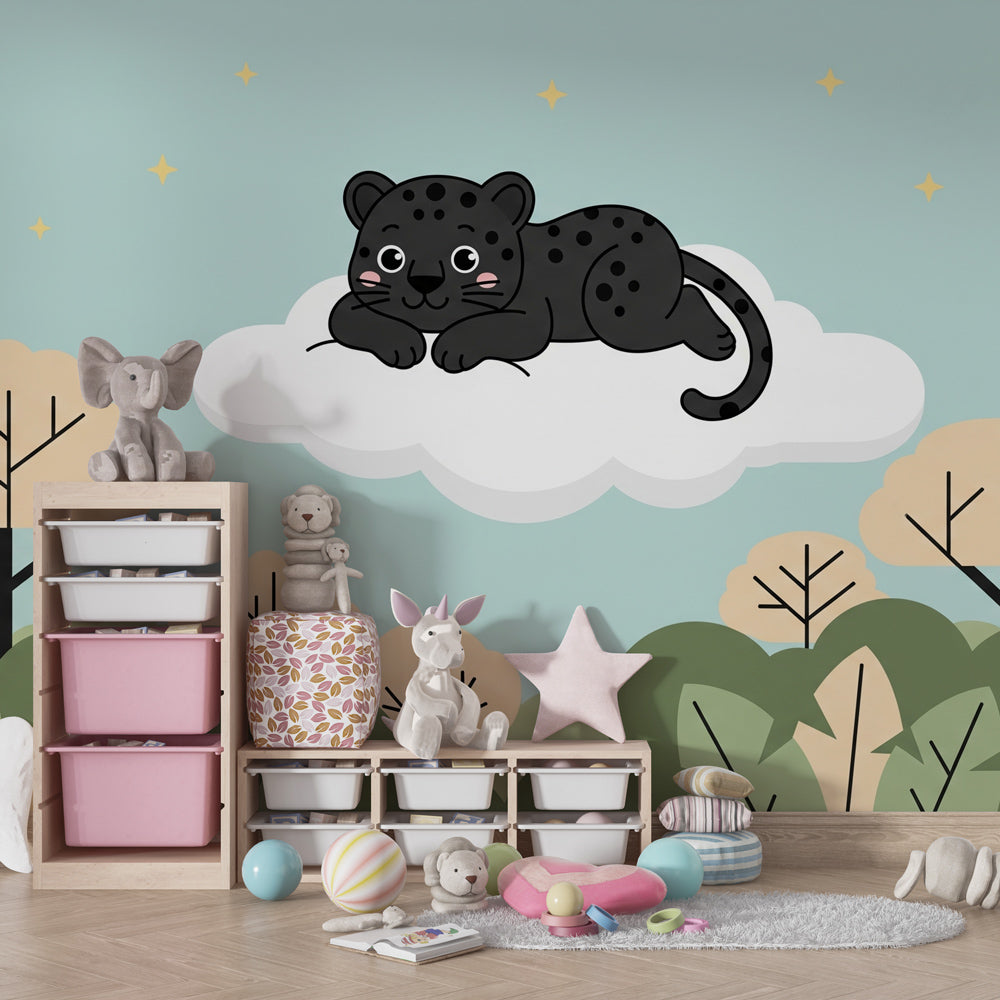 Safari animal wallpaper featuring leopard on cloud in cozy kids bedroom setting