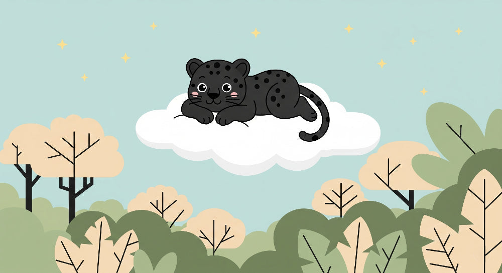 Detailed leopard on cloud mural wallpaper design pattern with jungle trees by Kids-Mundo