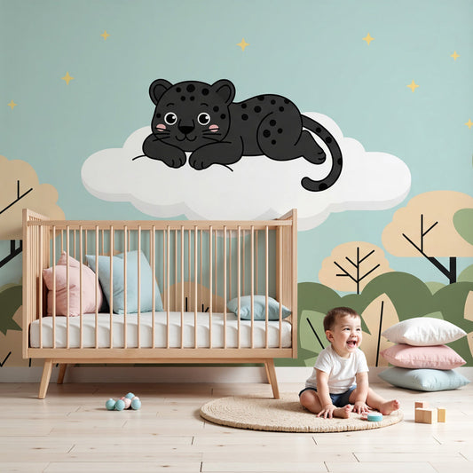 Leopard cloud mural wallpaper in modern nursery with safari theme decor by Kids-Mundo