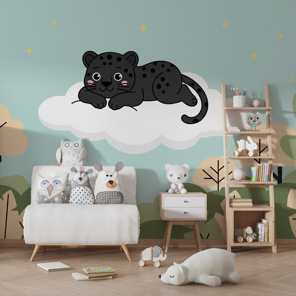 Dreamy leopard wallpaper creating magical safari atmosphere in children's playroom