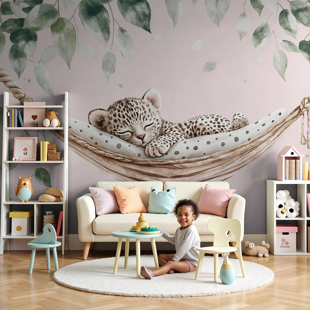 Kids-Mundo leopard cub wall mural with hammock scene in a blush pink nursery