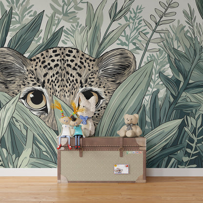 Kids-Mundo leopard cub wall mural featuring green leaves in a child's bedroom
