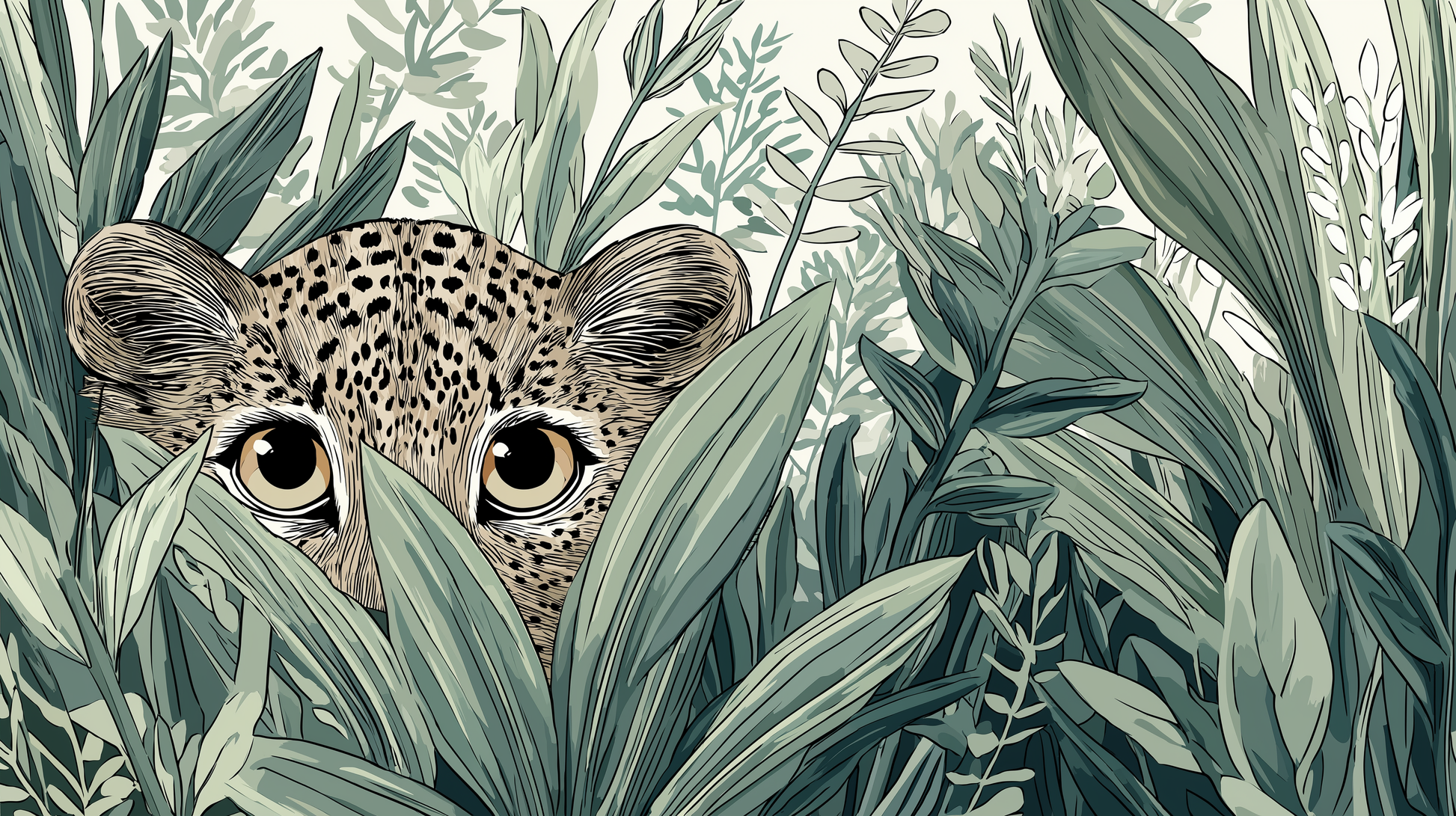 Flat artwork preview of the Kids-Mundo leopard cub jungle leaves wall mural design
