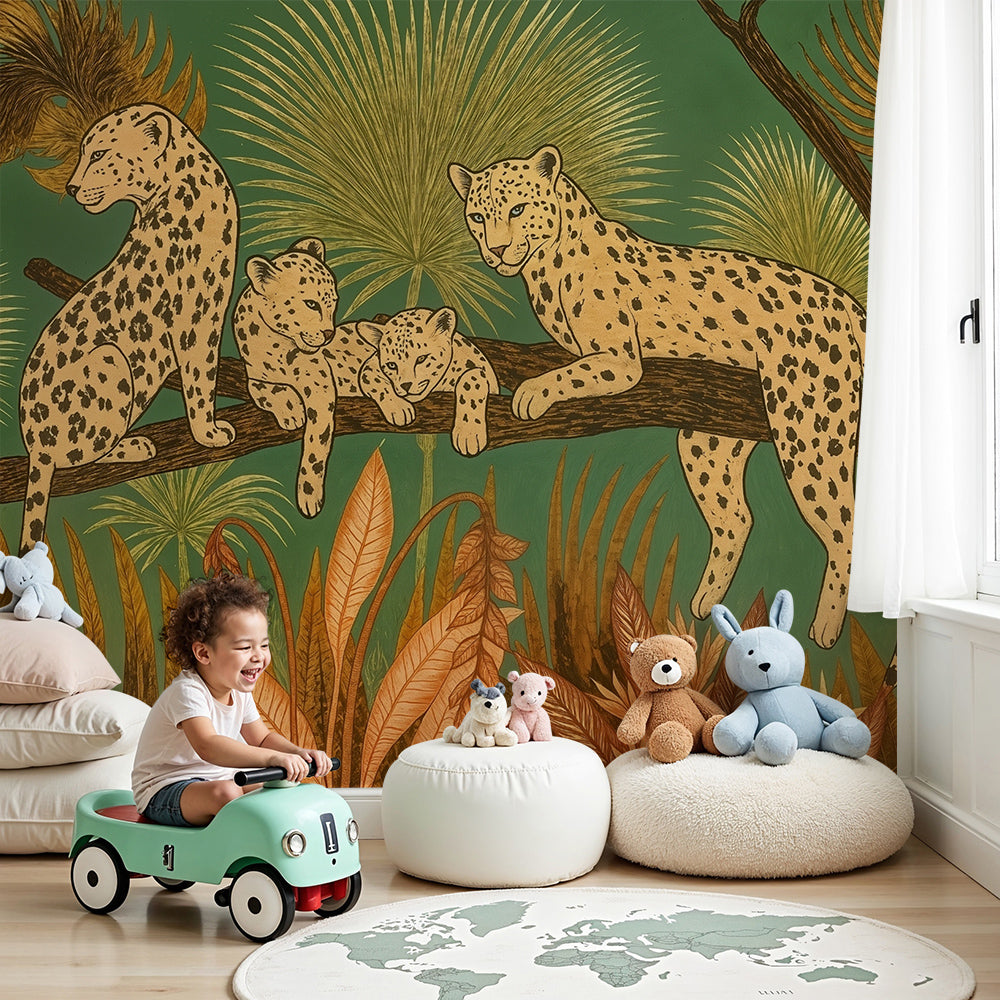 Kids-Mundo leopard family wall mural made to measure for a warm, cosy nursery feature wall.