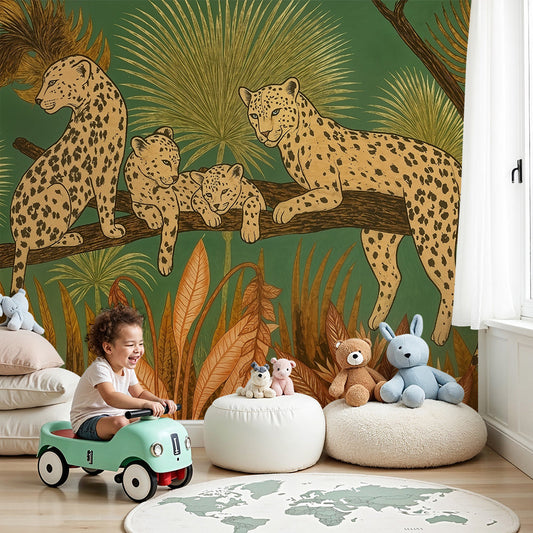 Kids-Mundo leopard family wall mural made to measure for a warm, cosy nursery feature wall.