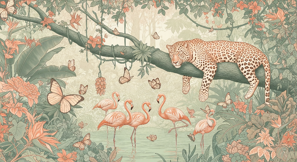 Leopard and Flamingos Jungle Wall Mural