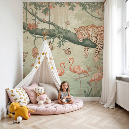 Kids-Mundo leopard and flamingo jungle wall mural in a calm nursery with a cot and soft lighting
