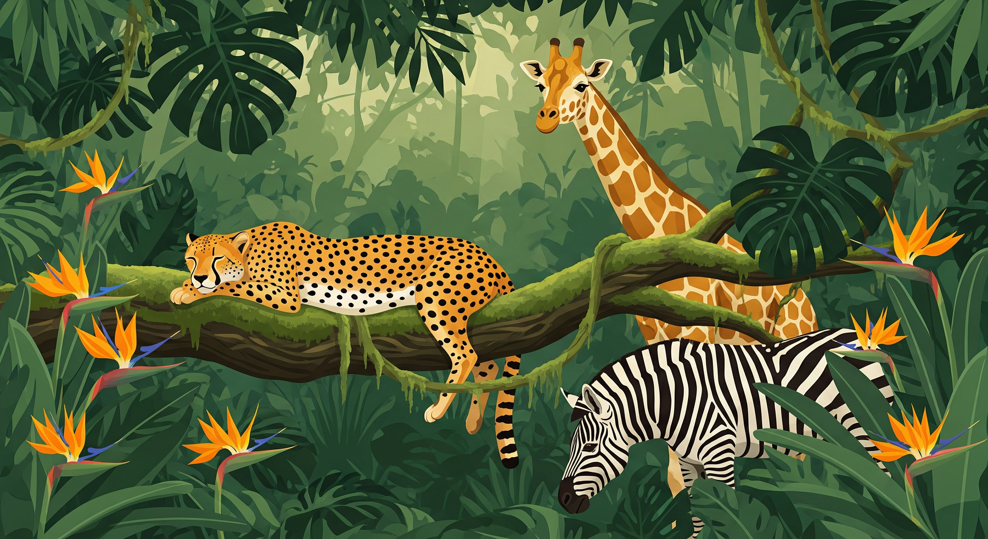 Kids-Mundo flat artwork of a leopard resting on a branch above a giraffe and grazing zebra