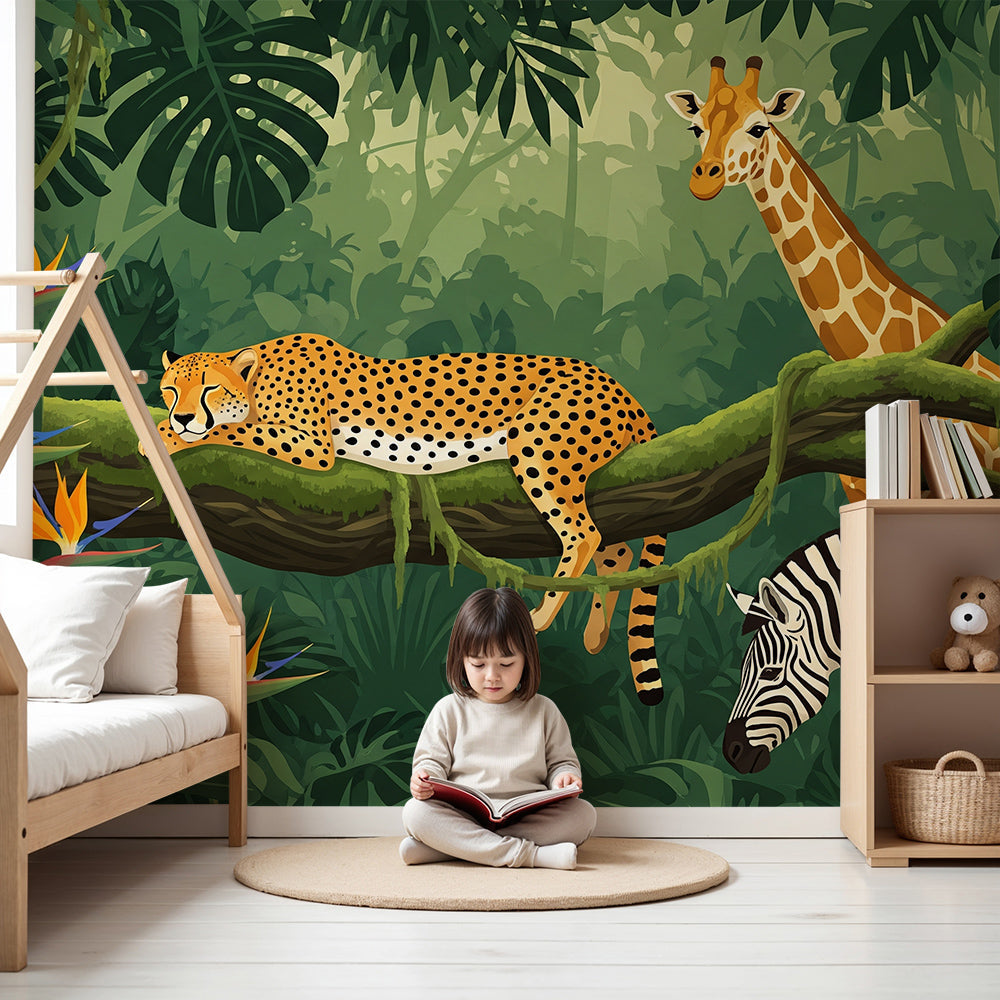 Kids-Mundo leopard giraffe and zebra jungle wall mural shown as wallpaper in a green nursery