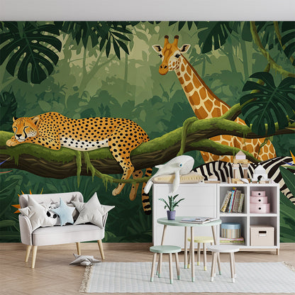 Kids-Mundo leopard giraffe and zebra wall mural with tropical flowers shown in a playroom