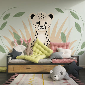 Tropical leopard wallpaper in modern baby nursery with natural wood furniture