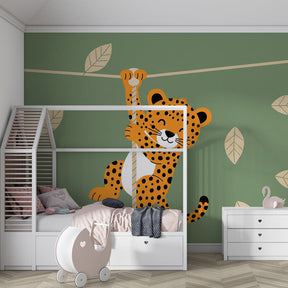 Playful leopard safari wallpaper transforming children's bedroom with tropical jungle atmosphere