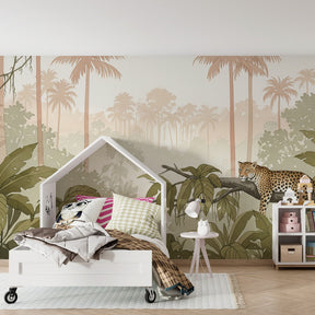 Peaceful leopard safari wallpaper transforming children's bedroom into tropical jungle sanctuary