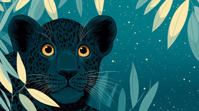 Detailed leopard jungle mural wallpaper design pattern with turquoise background by Kids-Mundo