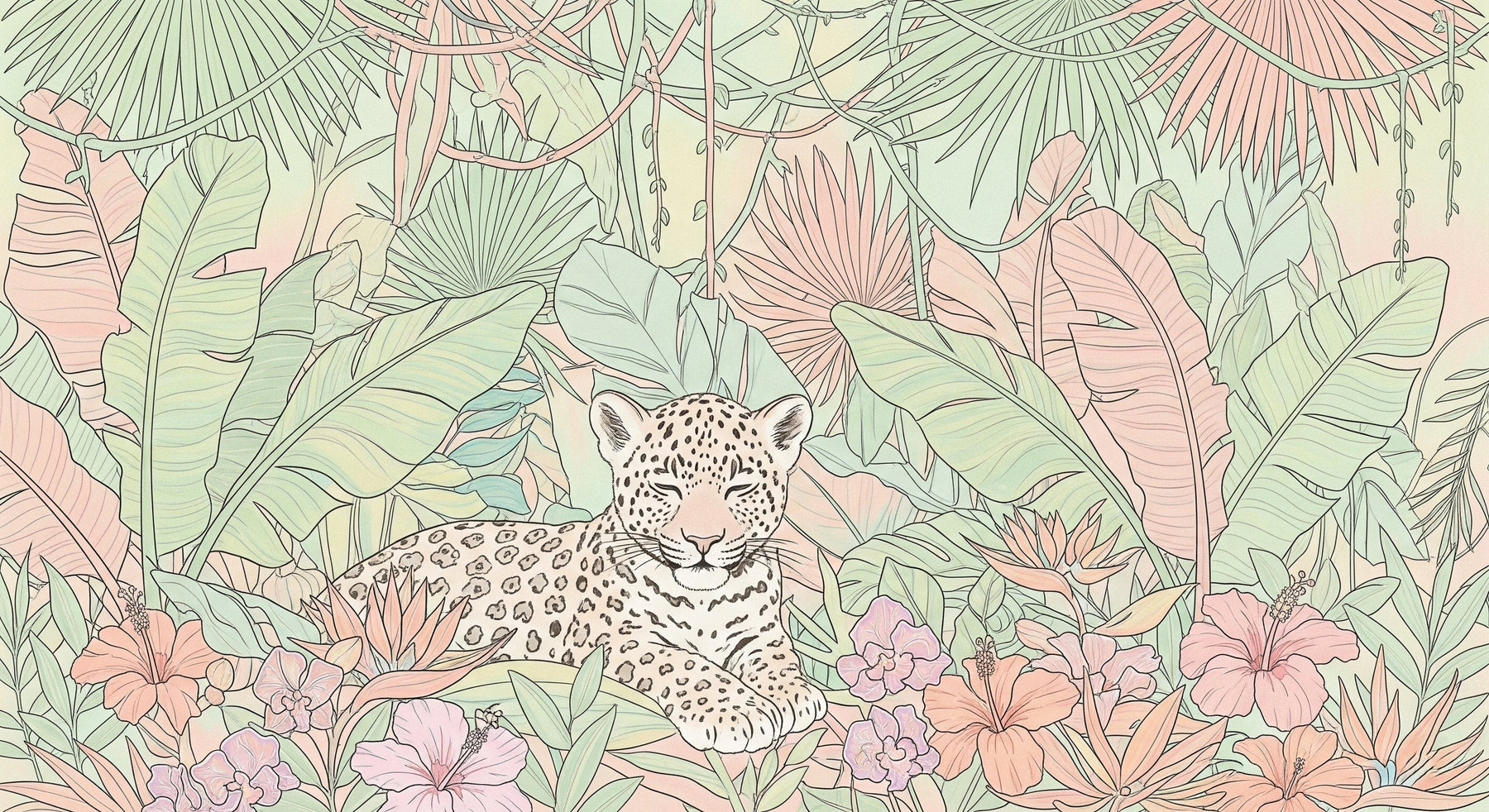 Detailed leopard jungle mural wallpaper design pattern with tropical foliage by Kids-Mundo