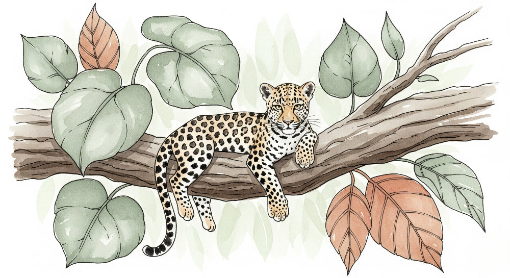Detailed leopard on branch mural wallpaper design pattern with terracotta foliage by Kids-Mundo