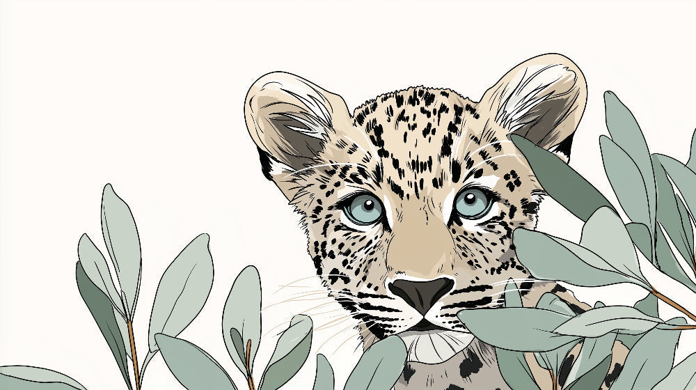 Detailed leopard jungle mural wallpaper design pattern showing curious cub in foliage by Kids-Mundo