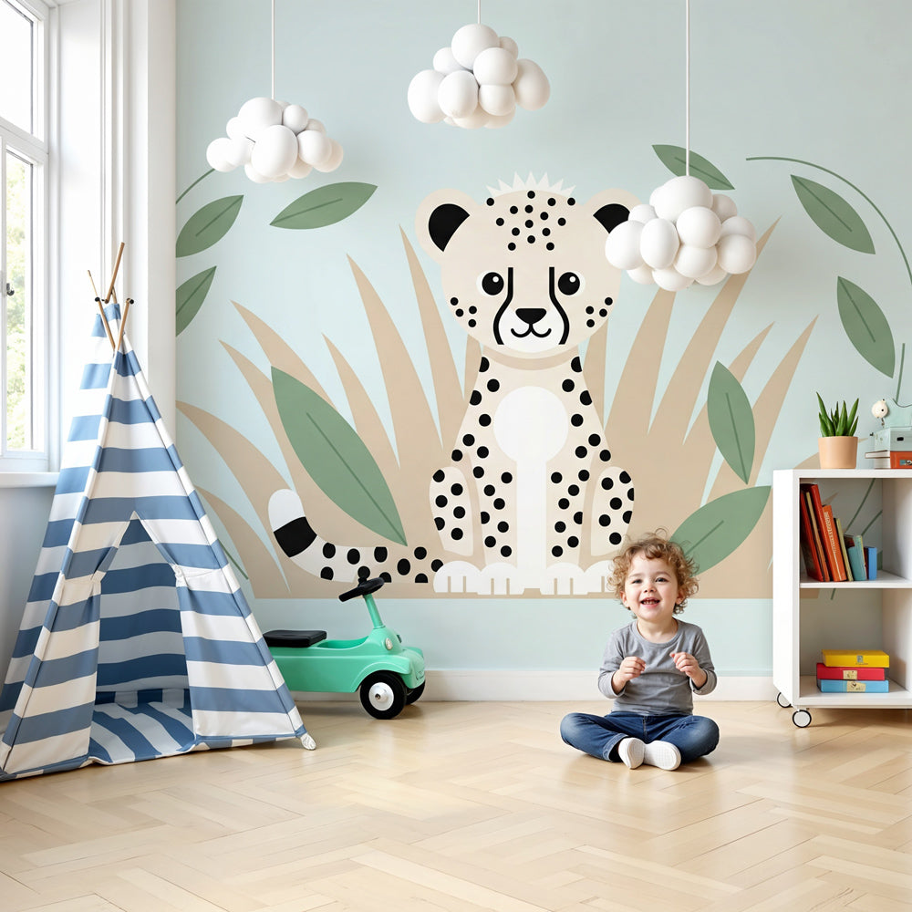 Leopard jungle mural wallpaper creating peaceful safari nursery decor by Kids-Mundo