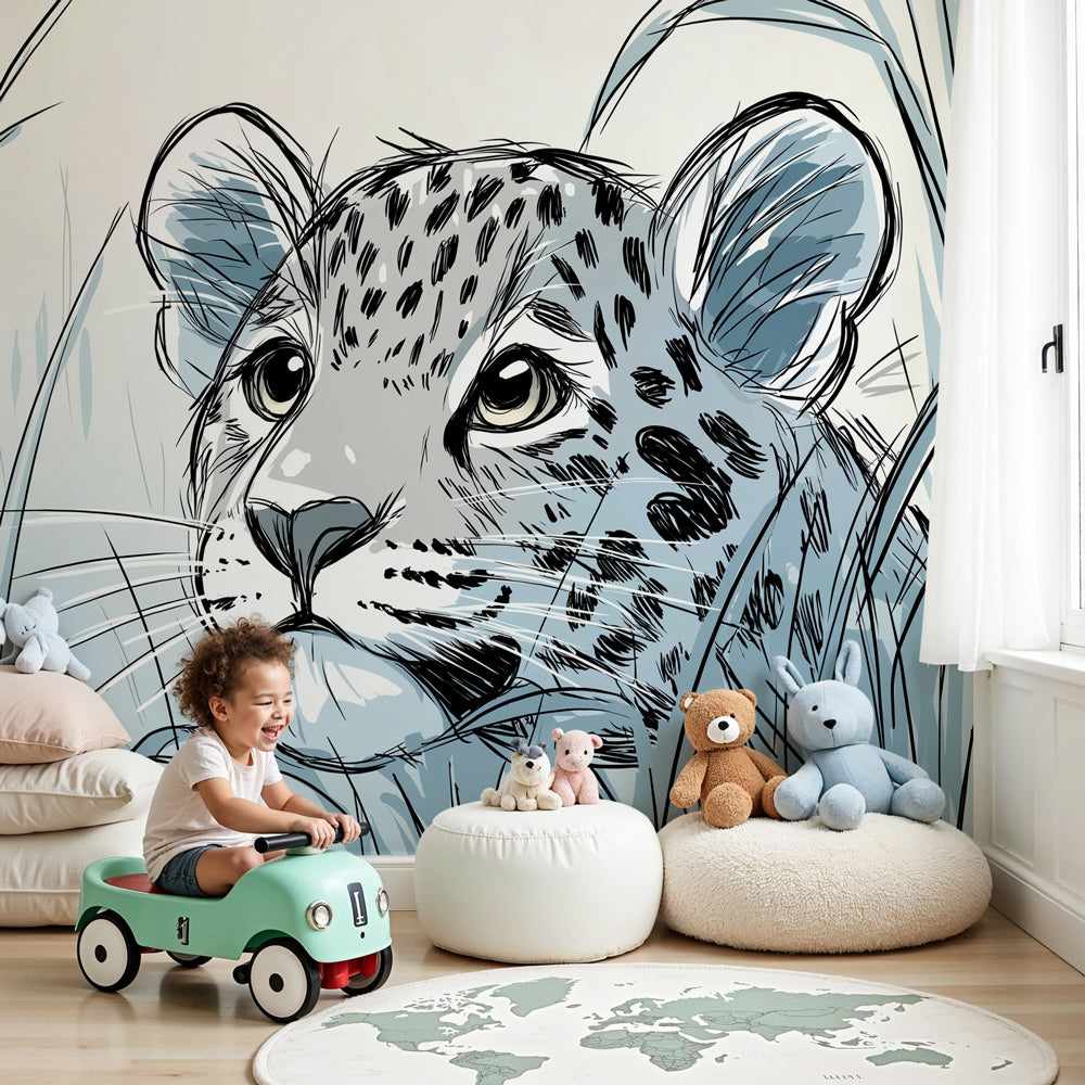Leopard jungle mural wallpaper in modern nursery with natural decor by Kids-Mundo